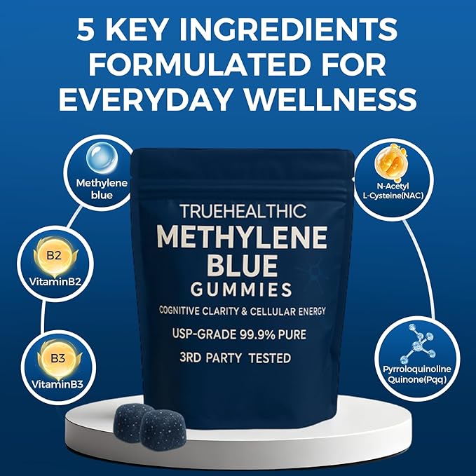 Methylene Blue Gummies, for Cognitive Support & Mental Focus, Clean 5mg of Methylene Blue Per Gummy, 99.9% Pure, Vegan, Non-GMO, 30 Gummies