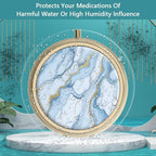 Pill Case Pill Box with Mirror Retro 3 Compartment Small Pill Case for Purse or Pocket Bronze Small Roud Pill Box or Vitamins, Fish Oil, Supplements, Pill Containe Travel Gifts（ White Blue Marble）