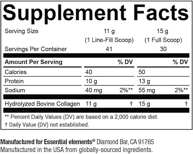 Essential Elements Hydrolyzed Collagen Peptides Powder for Men & Women - Joint, Skin, Hair & Nail Support - 15 Grams of Type I & III Grass-Fed Bovine Collagen - 30 Servings