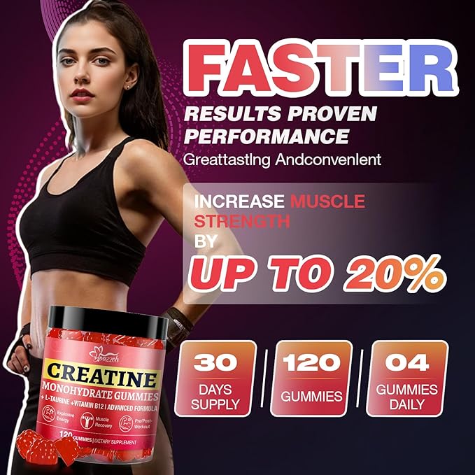 Creatine Gummies for Women & Men Low Sugar Creatine Supplements, Help Build Muscle Creatine Monohydrate Gummies Raspberry Flavor Supports Muscle Growth and Enhances Strength 120 Count