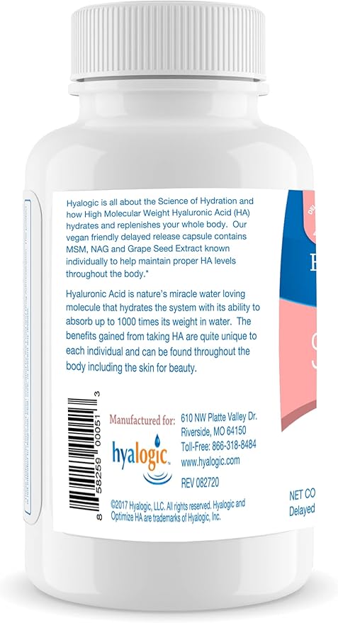Hyalogic 120 Mg Hyaluronic Acid Delayed-Release Capsules – Skin Supplement w/Glucosamine MSM – Body Health Food Supplement w/Grape Seed Extract – Vegan & Non-GMO Dietary Supplements (30 Count)