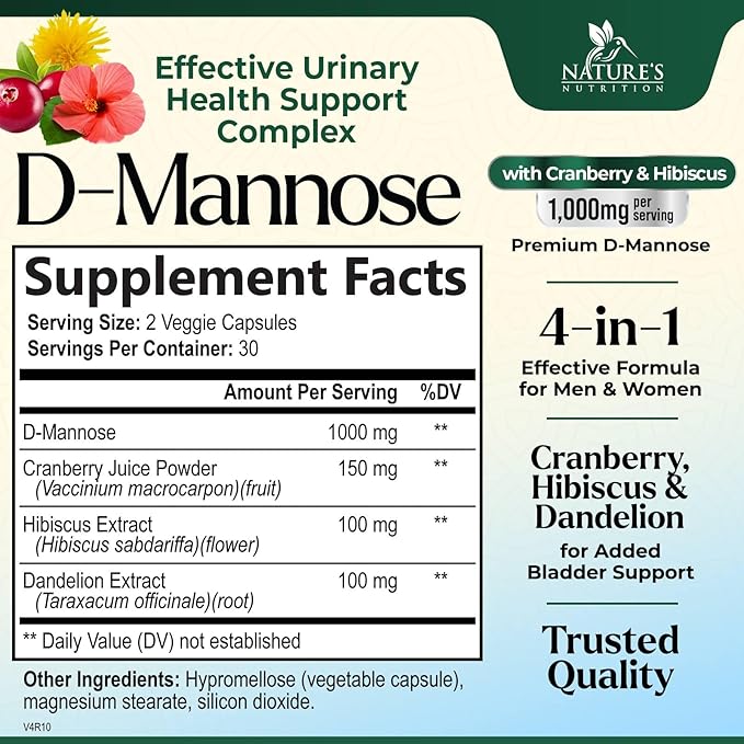 D-Mannose 1000mg Per Serving - Cranberry & Hibiscus - Effective Fast-Acting, Flush The Impurities for Bladder, Urinary Tract Health Support Supplement, for Women and Men, USA Bottled - 60 Capsules