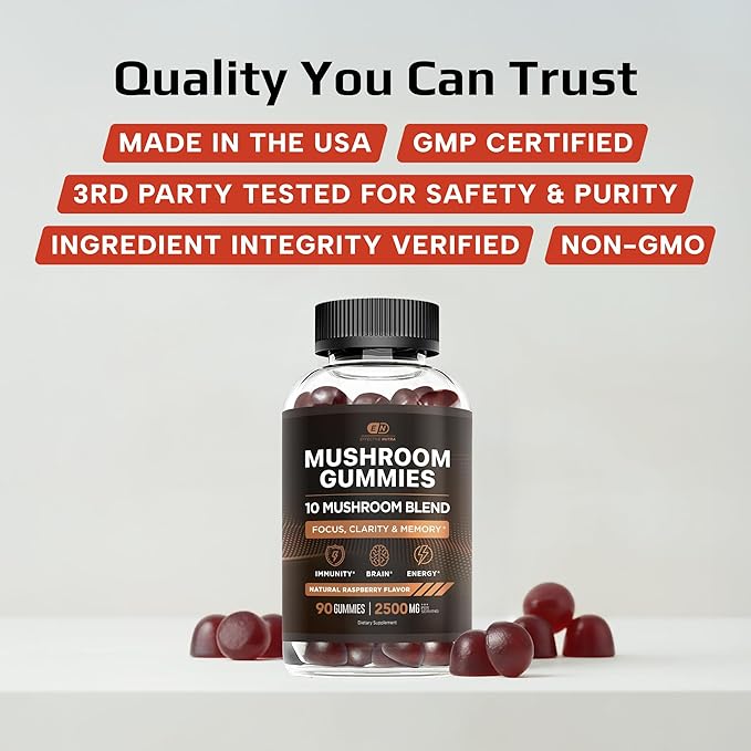 Effective Nutra Mushroom Gummies 2500mg - 10in1 Lion’s Mane, Reishi, Chaga, Cordyceps & More - Focus, Clarity, Memory, Immunity, Energy - Natural Raspberry Flavor, Vegan, Made in USA (90 Count)