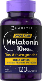 Carlyle Melatonin 10mg | 120 Capsules | with Ashwagandha | Triple Strength Formula | Non-GMO, Gluten Free Supplement