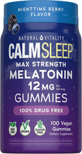 Natural Vitality Calm Sleep Melatonin 12mg Gummies | Max Strength Berry Flavored Formula | 100% Drug Free | Non-GMO, Vegan and Gluten Free Supplement |100 Count