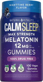Natural Vitality Calm Sleep Melatonin 12mg Gummies | Max Strength Berry Flavored Formula | 100% Drug Free | Non-GMO, Vegan and Gluten Free Supplement |100 Count