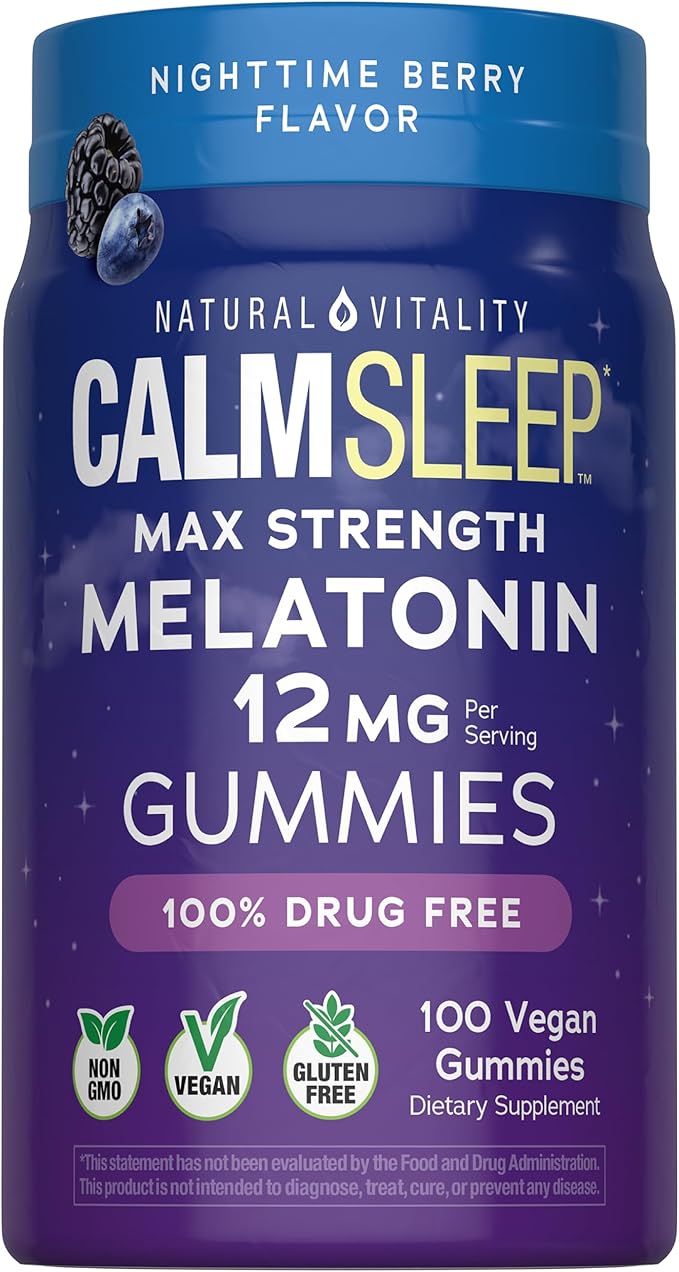 Natural Vitality Calm Sleep Melatonin 12mg Gummies | Max Strength Berry Flavored Formula | 100% Drug Free | Non-GMO, Vegan and Gluten Free Supplement |100 Count