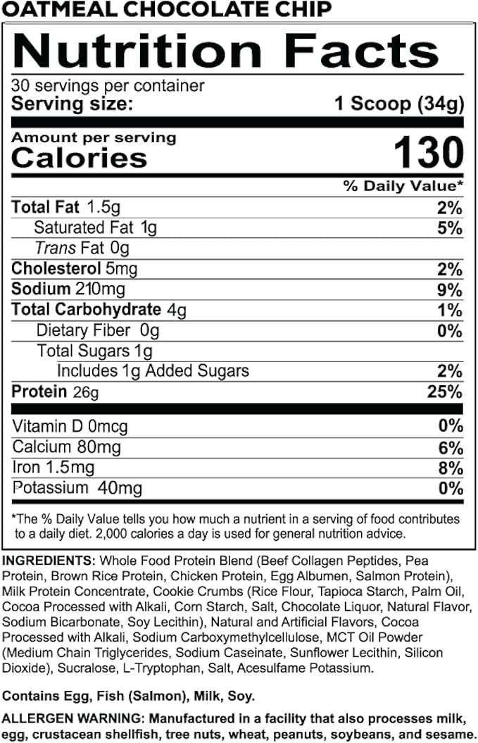REDCON1 MRE LITE Whole Food Protein Powder, Oatmeal Chocolate Chip - Lactose Free Meal Replacement with Animal Protein Blends - Easy to Digest Formula - Only 4g Carb per Serving (30 Servings)