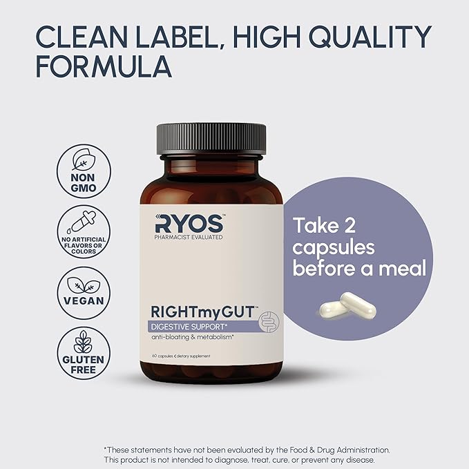 Digestive Enzymes for Bloating & Gas – Supports Food Breakdown & Nutrient Absorption – 6 Enzymes + 3 Probiotics – Complete GI Health Supplement - RIGHTmyGUT Daily Digestive Support – 60 Vegan Capsules