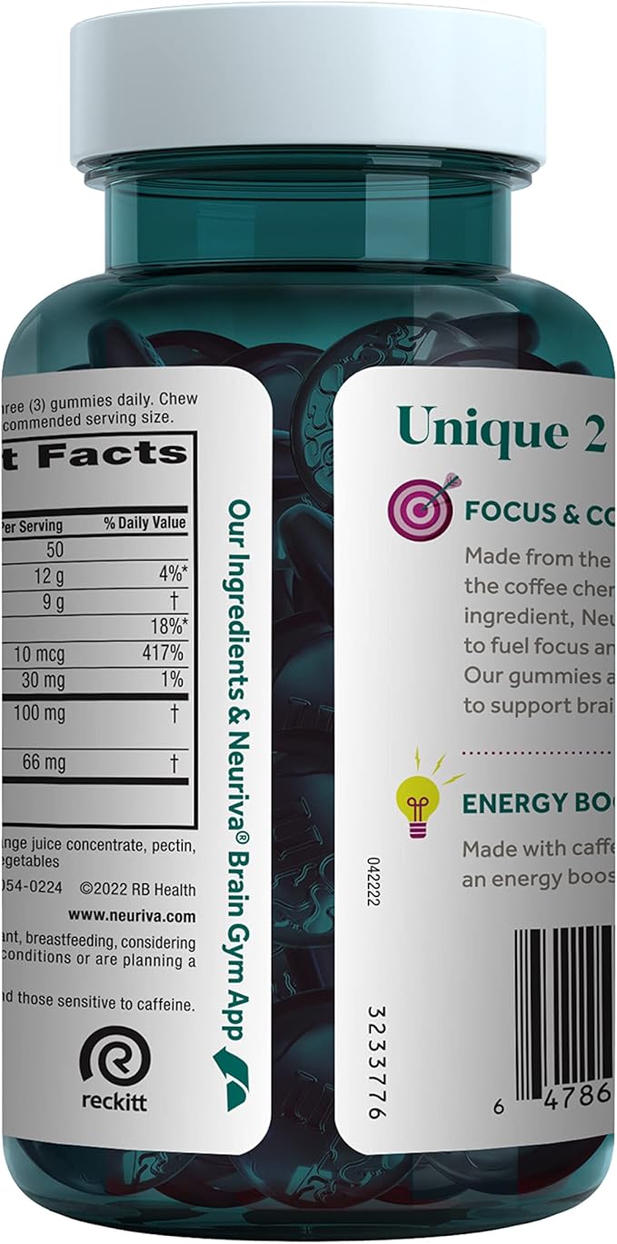NEURIVA Brain + Energy Gummies, Nootropic Brain Supplements for Focus and Concentration with Neurofactor, Vitamin B12 & Caffeine for an Energy Boost*, 75ct Natural BlackBerry, (Pack of 2)
