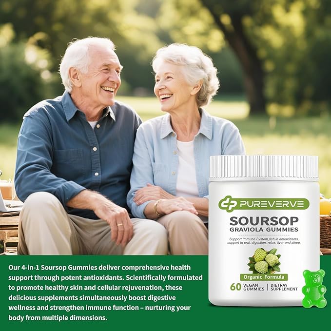 Soursop Graviola Gummies, Pureverve Max Strength Soursop Leaves Extract with Sea Moss & Zinc for Cell Support & Regeneration, Immunity, Liver and Antioxidant, Sugar/Gluten Free, Vegan - 120 CT, 2 Pack