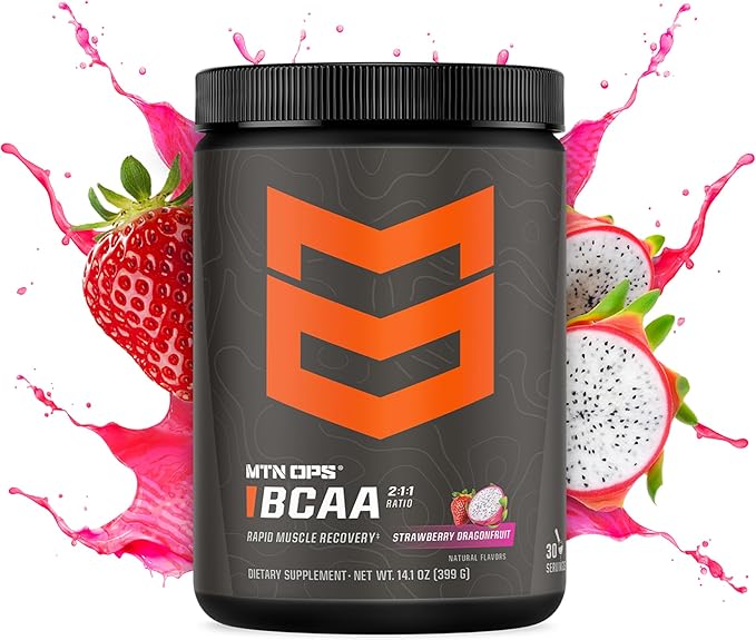 MTN OPS BCAA Powder 2:1:1 Amino Acids Supplement Powder for Rapid Muscle Recovery & Repair with Zero Sugar & Gluten Free - 30 Servings, Strawberry Dragonfruit