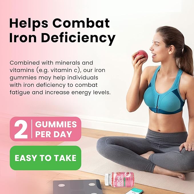 Iron Gummies with Multivitamin, Iron Supplement for Women & Men, Kids Multivitamin with Iron, Zinc, Vitamin B Complex & C, B12, Folate - Blood Builder, Energy Support, Peach Flavor, Vegan 60 Gummies