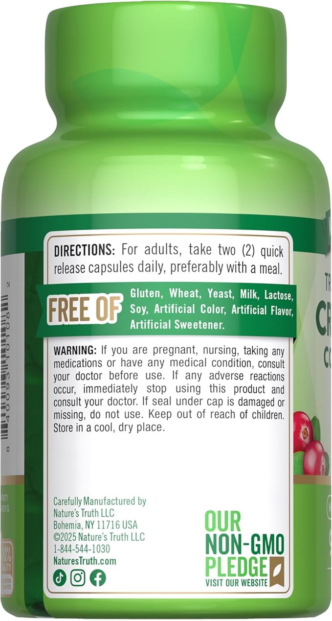 Nature's Truth Cranberry Concentrate Pills | Plus Vitamin C | Triple Strength Support Capsules | Non-GMO & Gluten Free Supplement