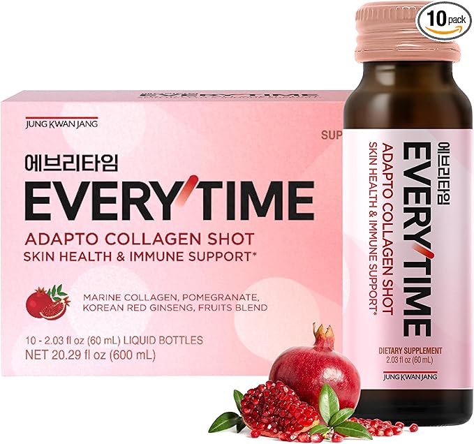 JUNG KWAN JANG Everytime Adapto Collagen Shot - Skin and Sleep Support - Liquid Adaptogen Drink with Marine Collagen, Passion Fruit, Chamomile NAD L-Theanine - Gluten Free (10 Bottles, 2.03 fl oz)