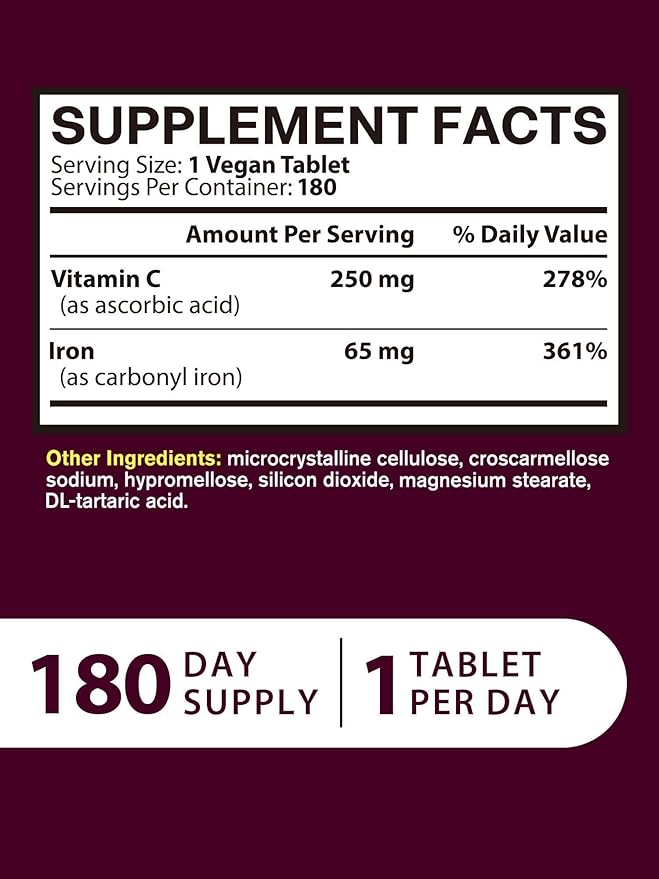 Iron Supplement for Women Men, High Potency Iron 65mg with Vitamin C 250mg, Stomach Friendly Iron Pills for Red Blood Cell & Immune Support, Vegan, Non-GMO & Gluten Free, 180 Tablets