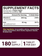 Iron Supplement for Women Men, High Potency Iron 65mg with Vitamin C 250mg, Stomach Friendly Iron Pills for Red Blood Cell & Immune Support, Vegan, Non-GMO & Gluten Free, 180 Tablets