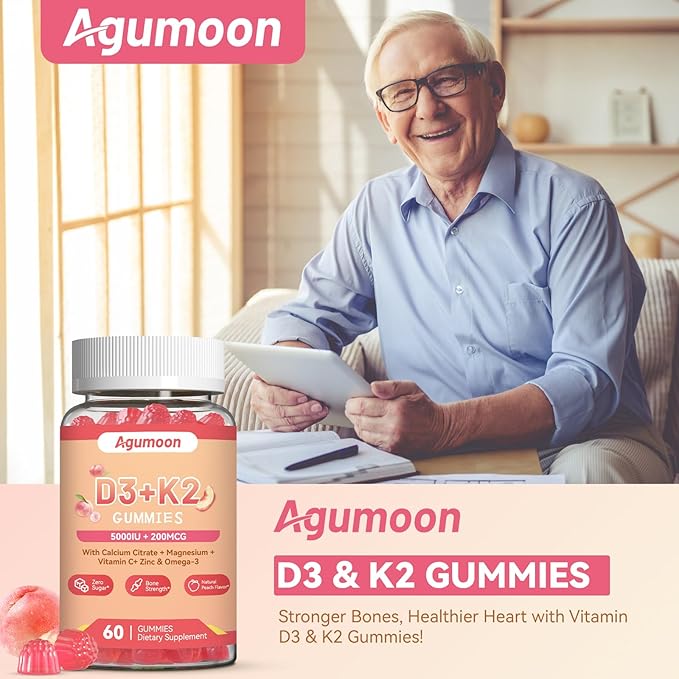 Vitamin D3 K2 Gummies for Adults - Vitamin D3 5000IU + K2 (MK-7) 200mcg, with Calcium Citrate, Magnesium Citrate, Omega-3 for Bone, Muscle, Teeth Immune - 60 Gummies