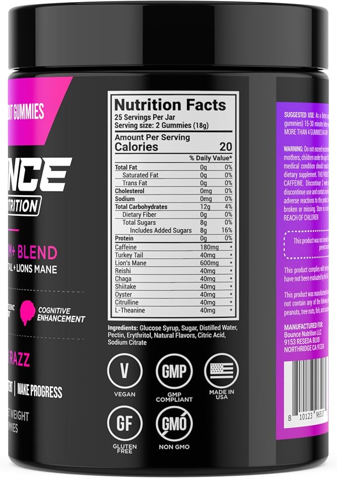 Bounce Pro Pre Workout Gummies – 50 Vegan Chewable Gummies with Caffeine, Lion’s Mane & L-Theanine for Energy, Focus & Endurance – Mushroom Preworkout for Men & Women – Black Razz Flavor