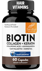 Sandhu's Biotin, Collagen & Keratin Complex | Supports Normal Hair Growth Cycle | Vitamins for Skin & Nails | Hair Supplements for Women & Men | Made in USA | 60 Capsule Pills | with Hyaluronic Acid
