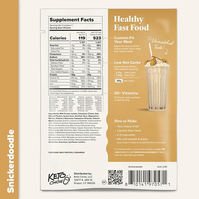 Keto Chow Snickerdoodle - Keto Meal Replacement Shake Powder - Nutritionally Complete - Low Carb - Delicious Easy Meal Substitute - Protein Rich You Choose The Fat - Single Meal Sample