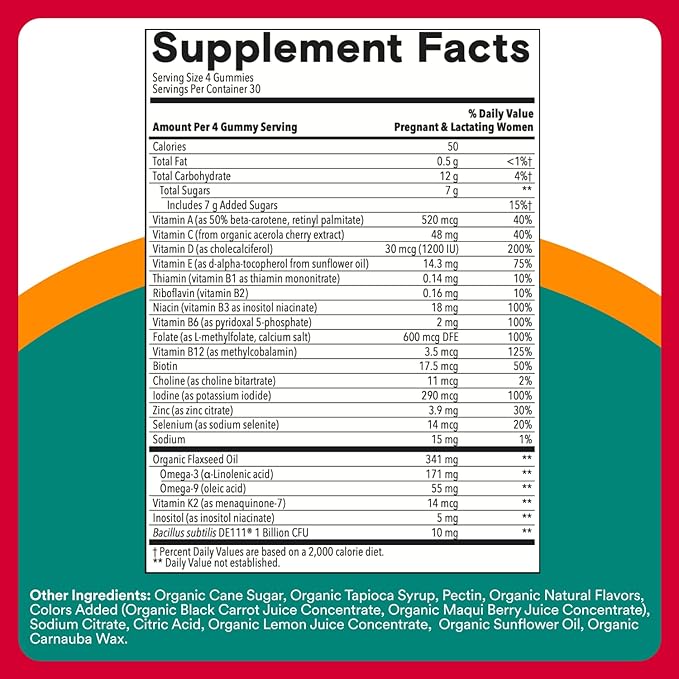 SmartyPants Organic Prenatal Vitamins for Women, Multivitamin: Probiotics, Biotin, Methylfolate, Omega3(ALA), VitaminD3,C, VitaminB12, B6, A, K2 & Zinc,Choline, (30 Day Supply), 120 Count (Pack of 2)