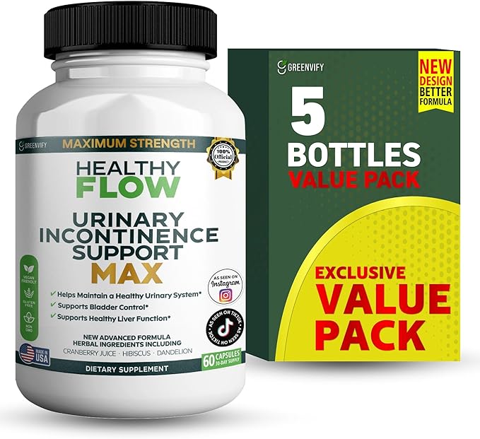 Healthy Flow Urinary Incontinence Support Max, 60 Veggie Capsules, Cranberry Juice Hibiscus Dandelion Formula, 30 Day Supply (5)
