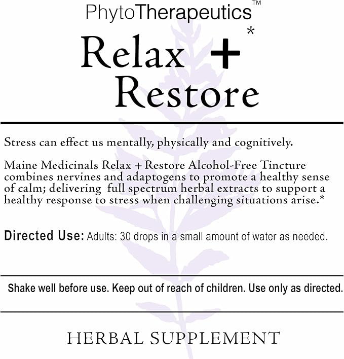 Relax + Restore Alcohol-Free Herbal Stress Support- with Nervines and Adaptogens for Healthy Calm* Certified Organic - 2 floz (60 Servings)