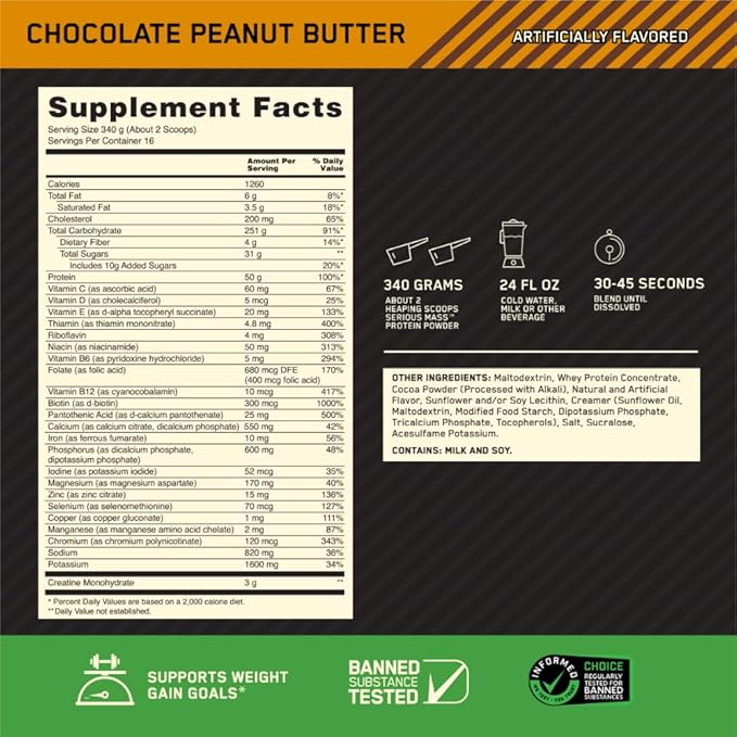 Optimum Nutrition Serious Mass, Weight Gainer Protein Powder, Mass Gainer, Vitamin C and Zinc for Immune Support, Creatine, Chocolate Peanut Butter, 12 Pound (Packaging May Vary)