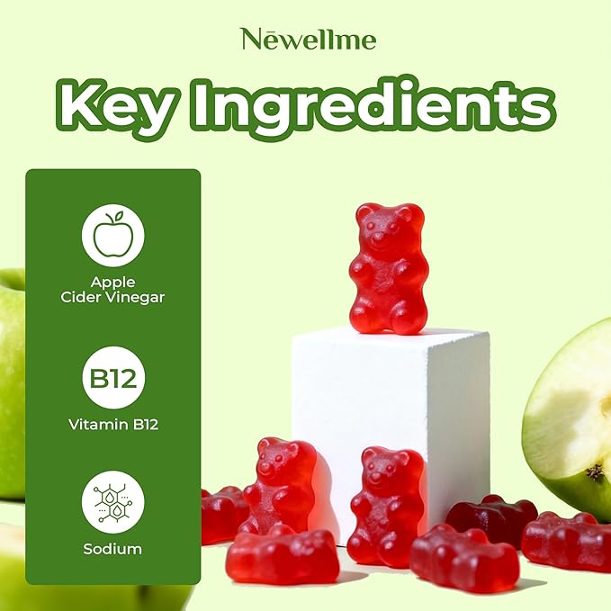 NEWELLME Sugar-Free Apple Cider Vinegar Gummies for Metabolism - 1000mg ACV with The Mother & Vitamin B12 for Energy Support - Vegan, Gluten-Free, 60 Counts