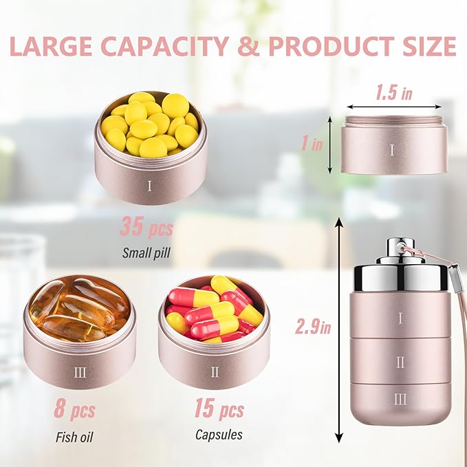 Metal Travel Pill Organizer, Portable Waterproof Daily Pill Box, Large Aluminum Pill Case Container 3 Times a Day Vitamin Organizer, Daily Medicine Organizer for Vitamin, Fish Oil, Supplement