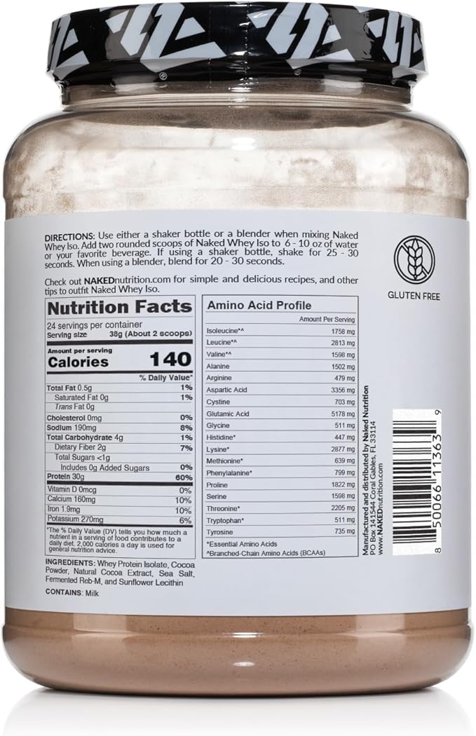 NAKED Chocolate Whey Isolate Protein - Only 6 Ingredients, 30g Grass-Fed Protein, Undenatured, No GMO, No Soy, Gluten-Free, No Preservatives - 24 Servings