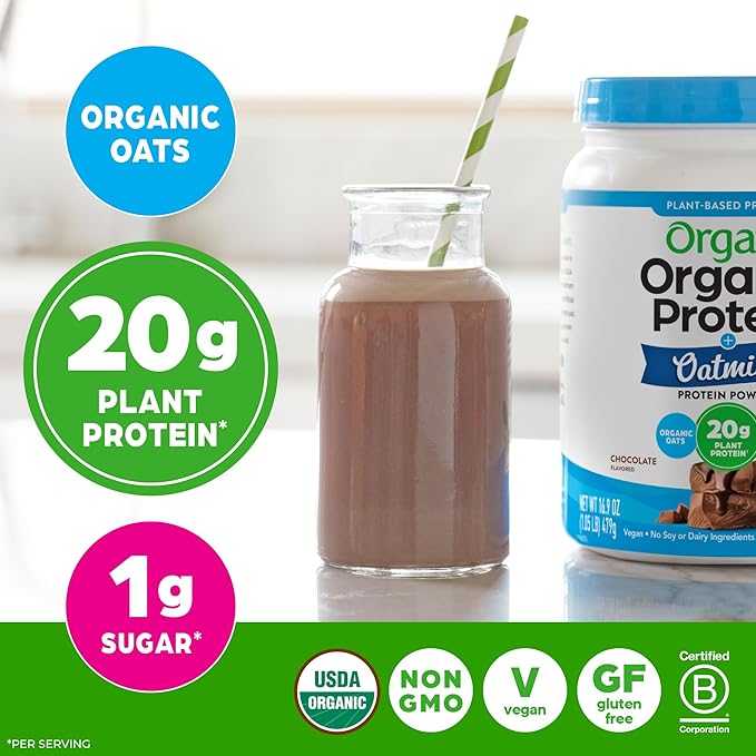 Orgain Organic Vegan Protein Powder + Oat Milk, Chocolate - 20g Plant Based Protein, Gluten Free, No Dairy, Soy or Lactose Ingredients, Low Sugar, Non-GMO, Kosher, For Shakes & Smoothies - 1.05lb