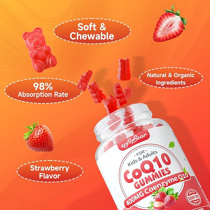 softbear CoQ10 Gummies 400mg Coenzyme Q10 Supplement for Adults, High Absorption coq10 Plus Omega-3, Magnesium, Vitamin B3 & Zinc for Cellular Energy & Antioxidant, Strawberry Flavor 60 Count