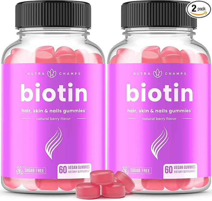 NutraChamps Sugar Free Biotin Gummies 10000mcg [High Potency] - Healthy Hair, Skin & Nails for Women, Men & Kids - 5000mcg in Each Gummy - Vegan Hair Health Vitamins Supplement - Raspberry (2-Pack)