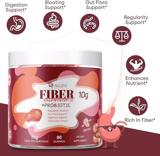 Migcopat Sugar Free Fiber Supplement, 10g Fiber Gummies for Adults, Apple Flavor with Probiotics, Vitamin C, ACV, Inulin, Support Digestive Health, 90 Count (Pack of 2)