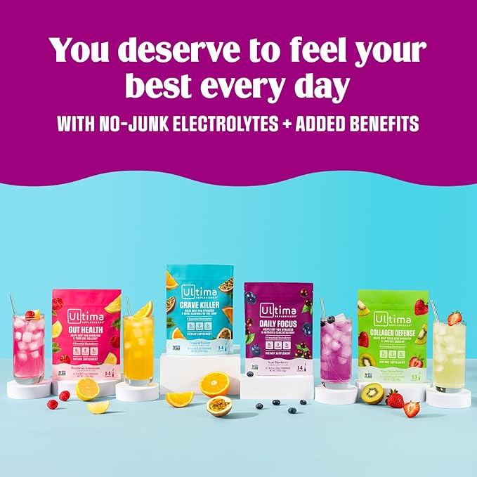 Ultima Replenisher Daily Focus Supplement & Electrolytes Powder - Acai Blueberry, 14 Stickpacks - Hydration Packets, 60mg Caffeine from Green Tea Extract & L-Theanine to Improve Focus & Concentration
