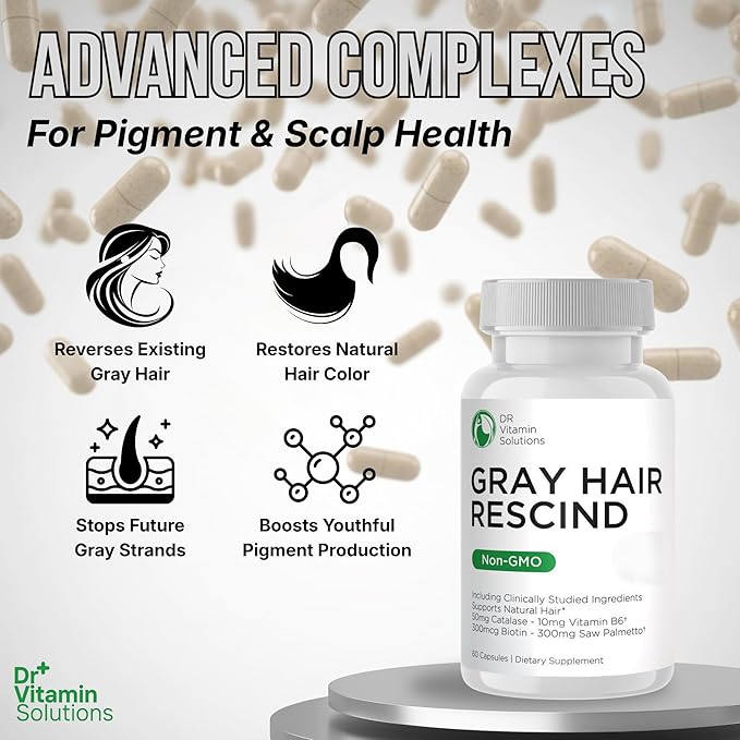 Gray Hair Rescind with Catalase - Antiaging Hair, Skin and Nails Vitamins, Pantothenic Acid, Folic Acid 400mcg, Biotin 300mcg, Saw Palmetto for Men and Women
