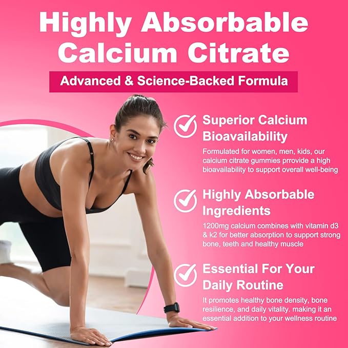 180 Count Calcium Citrate Gummies - Calcium Gummies with Magnesium & 4 Essential Vitamins Support Bone, Muscle, Teeth, Immunity, Calcium Supplements for Women & Men, Strawberry Flavor