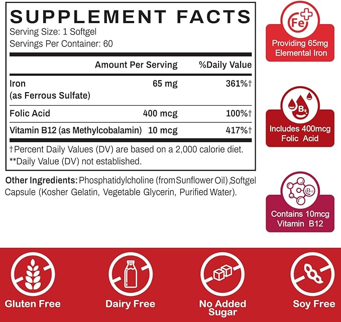 Liposomal Fe Iron Supplement for Women, 65 mg Iron Supplement with Folic Acid & Vitamin B12 for Men, Daily Blood & Energy Support for Adults Iron Deficiency 60 Softgels (1 Bottle)