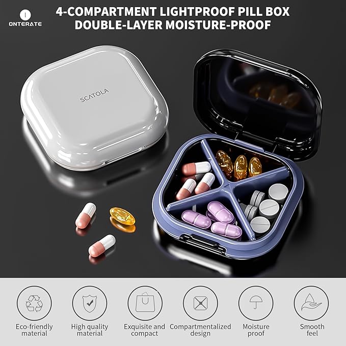 ONTERATE Small Pill Case, Travel Pill Organizer, Small Pill Box, Pill Container for Purse 4 Compartments, Daily Compact Travel Medicine Holder for Vitamins Medication (Purple)