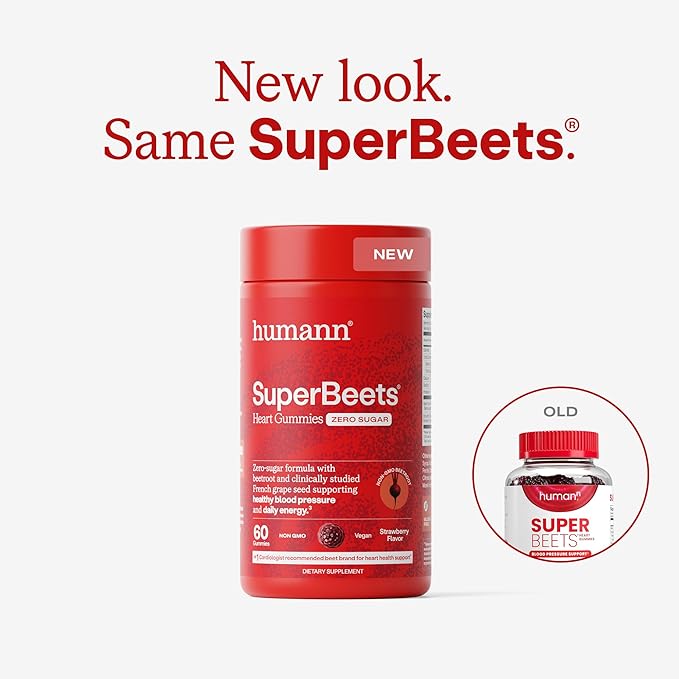 Humann SuperBeets Heart Gummies - Beet Gummy with Heart-Healthy Energy Support, Grape Seed Extract & Beetroot Powder, Zero Sugar - Strawberry Flavor, 120 Count