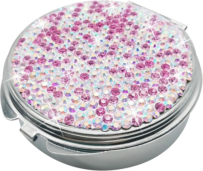 Bling Pill Case for Purse Medicine Vitamin Container Holder Pocket Pill Case Round Medicine Organizer for Vitamin/Fish Oils/Supplement Travel Medicine Kit (3 Compartment Pink)