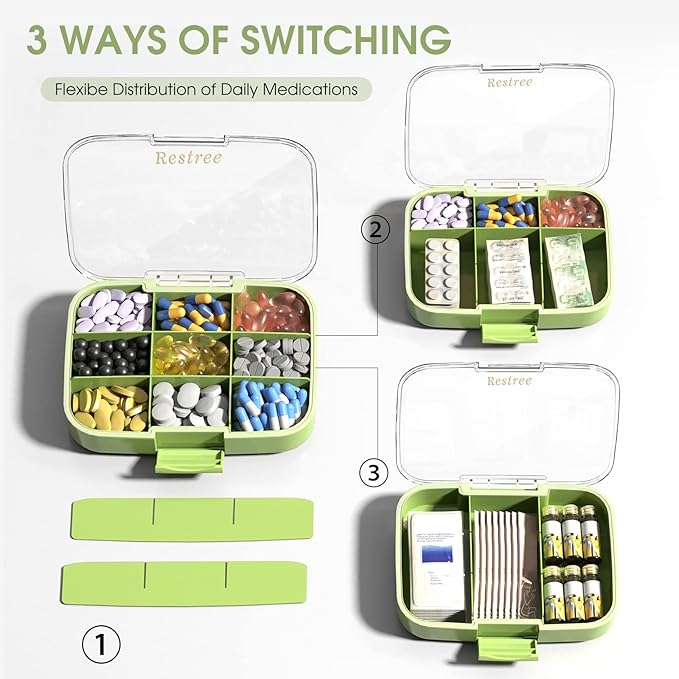 Restree Pill Organizer, Large & Waterproof Travel Pill Case, Adjustable Dividers for Daily Vitamins, Supplements, Fish Oil - Portable Medicine Box for Home & On-The-Go, 9 Compartment (Green)
