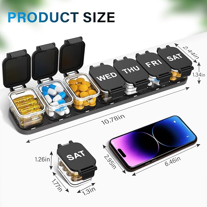 Extra Large Weekly Pill Organizer 7 Day - Portable Daily Pill Box with 7 Detachable Compartments, Vitamin Holder and Medicine Organizer for Supplements, Home and Travel, Black