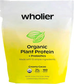 wholier Organic Plant Protein + Prebiotics. Clean Vegan Protein. 21g of Protein. 14 Real Plant Ingredients. Prebiotic Fiber. No Natural Flavors, Gums or Fillers. Creamy Cacao (1 lb. 4 oz.)
