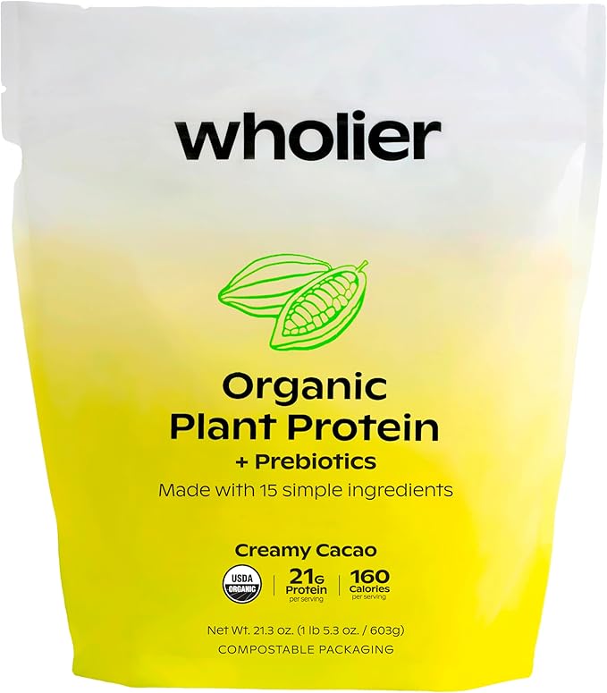 wholier Organic Plant Protein + Prebiotics. Clean Vegan Protein. 21g of Protein. 14 Real Plant Ingredients. Prebiotic Fiber. No Natural Flavors, Gums or Fillers. Creamy Cacao (1 lb. 4 oz.)