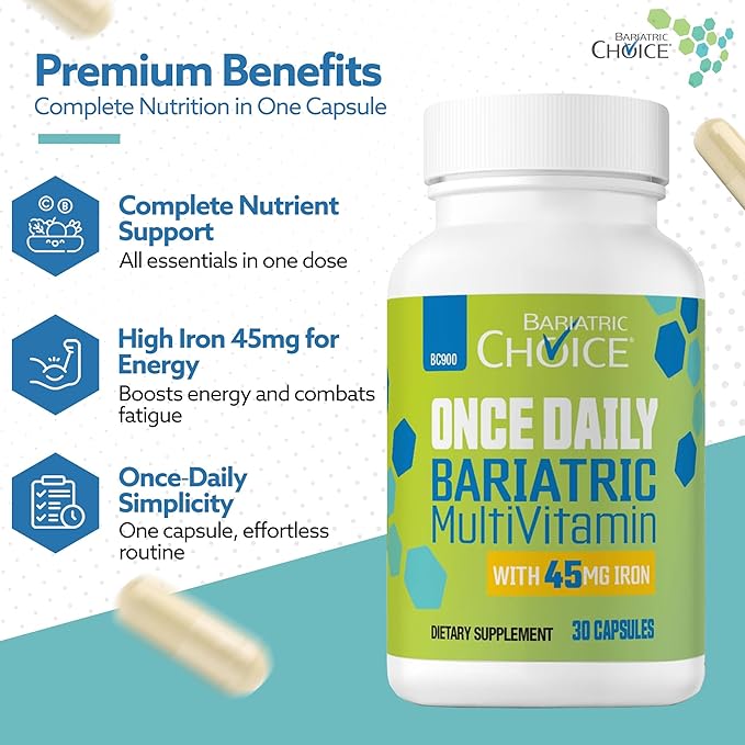 Bariatric Choice Once-Daily Bariatric Multivitamin with 45 mg of Iron | Easy to Swallow Capsule | Vitamin for Bariatric Surgery Patients | 30 Count (1-Month Supply)