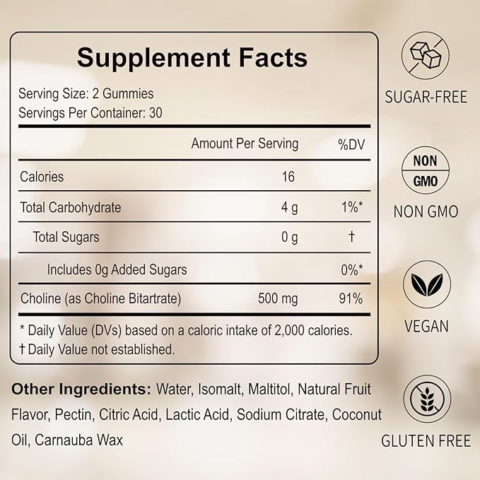 Choline Supplement Gummies Sugar Free, 500mg Choline Bitartrate Per Serving, Brain Health, Liver Support, Focus & Energy, 60 Gummies