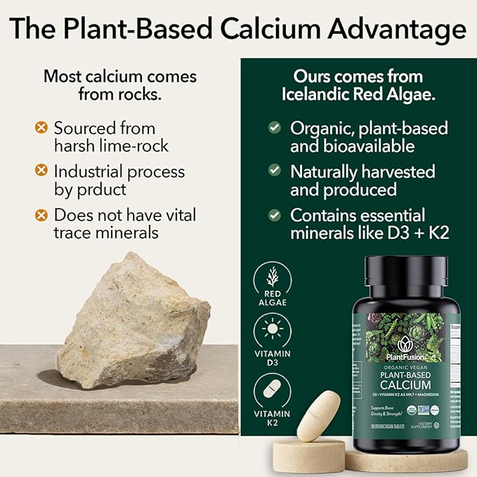 PlantFusion Organic Vegan Calcium, Premium Organic Plant Based Calcium (1000mg) Sourced from Icelandic Red Algae, Plus Magnesium, D3, K2, Iron and Boron, 180 Vegan Tablets